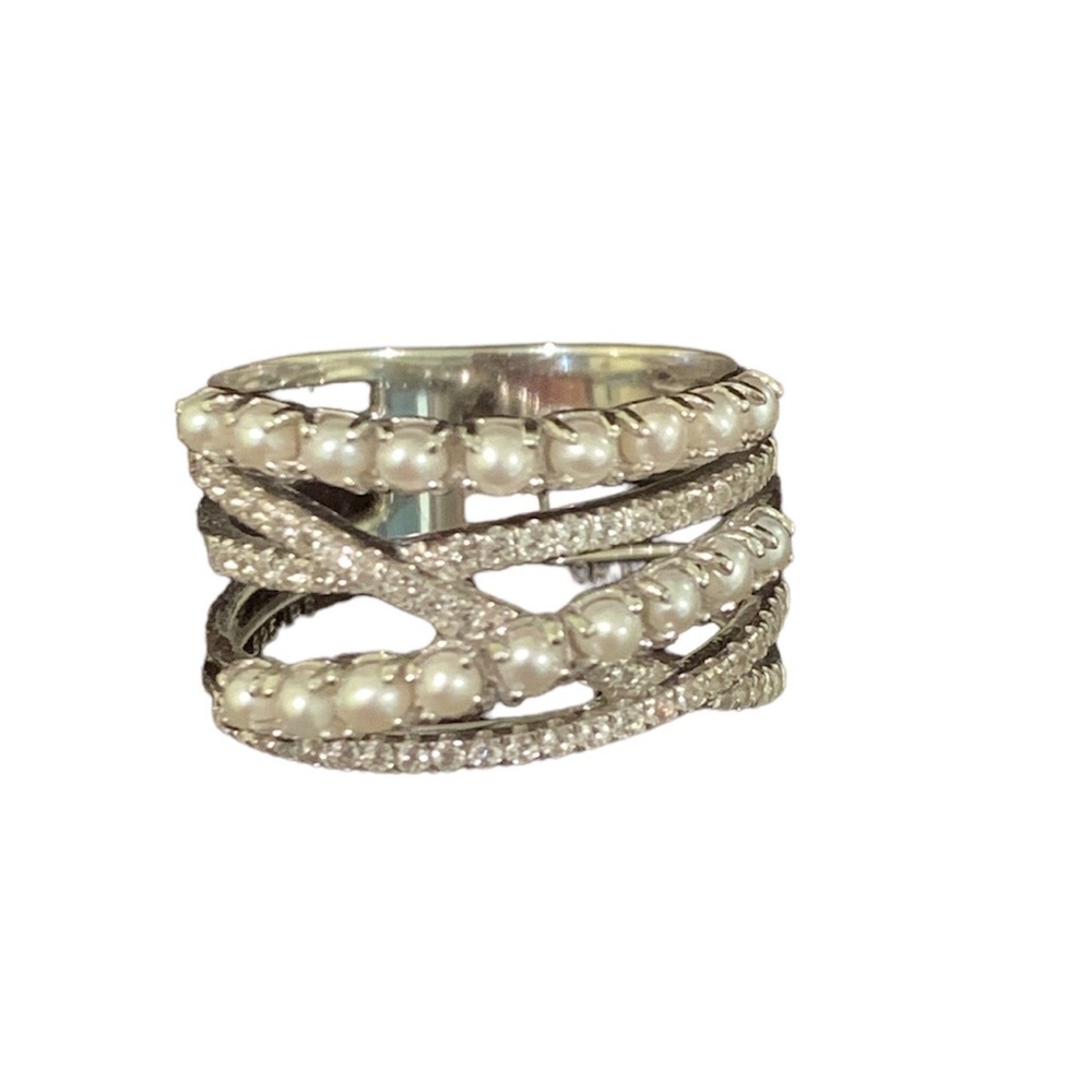 Pearl & Crystal Multi-Band Silver Ring